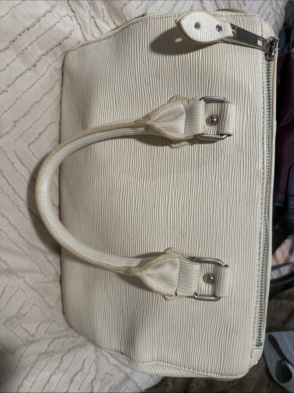 JustFab Cream Textured Satchel with Silver Hardware
